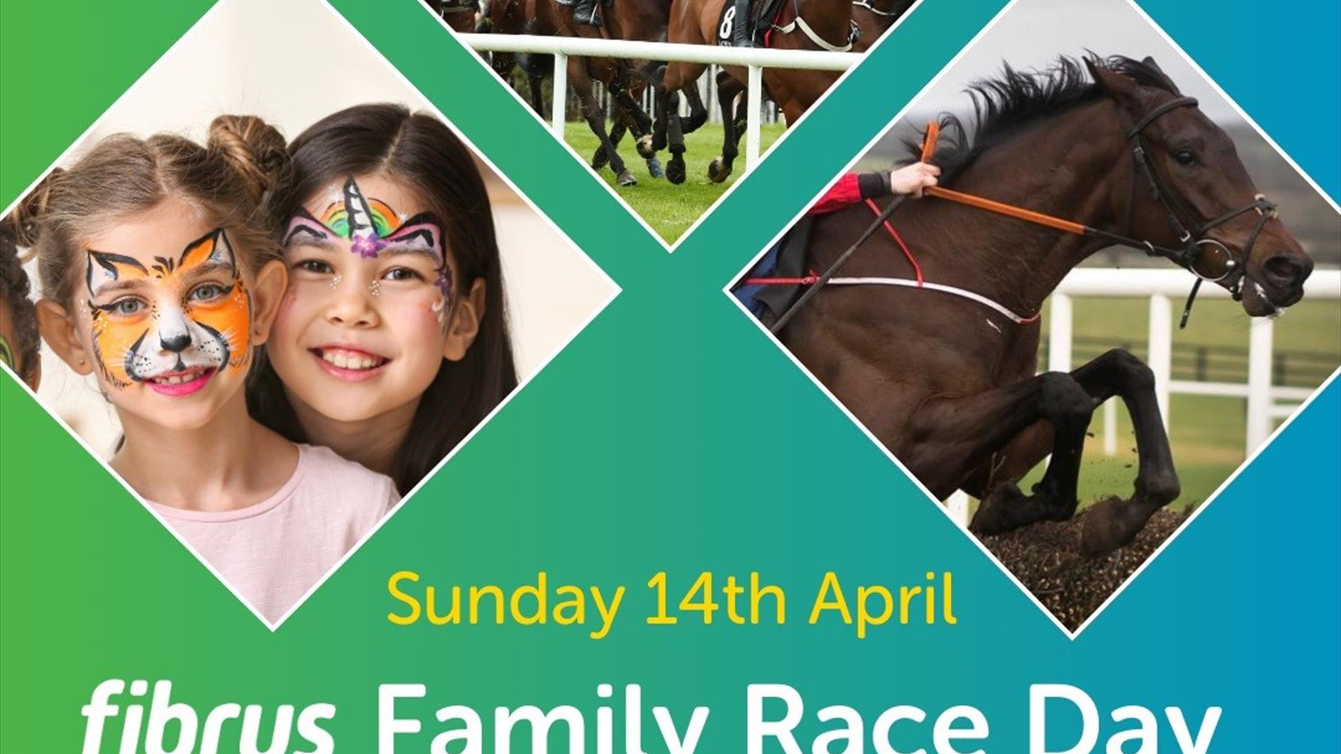 Image is of children's face painting  and horses jumping over steeples at Down Royal Racecourse