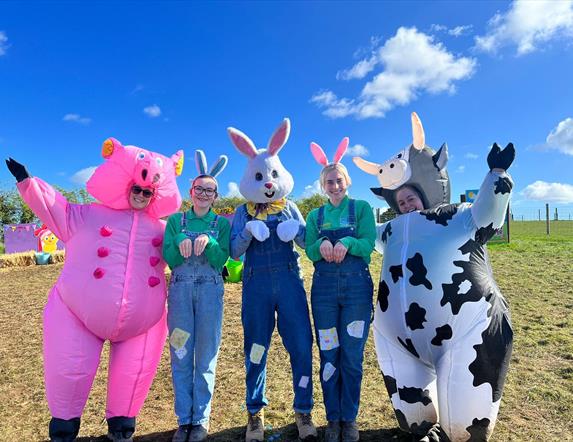 Easter Bunny with inflatable cow and inflatable pig at Streamvale Farm