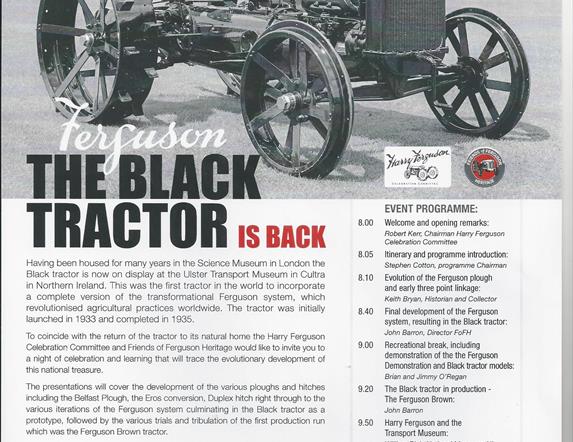 Image is of a Ferguson Black Tractor advertising the Harry Ferguson Lecture Night 2024