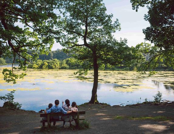 Family ona bench looking over the lake at Hillsborough Forest