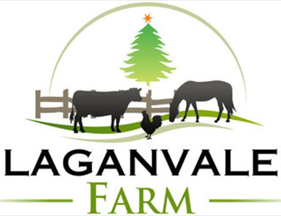 Image is of logo for Laganvale Farm depicting animals and a Christmas Tree