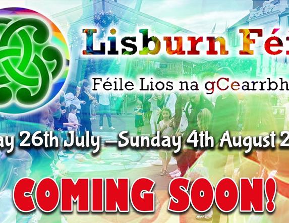 Image shows colourful poster with celtic circle design advertising Lisburn Feile