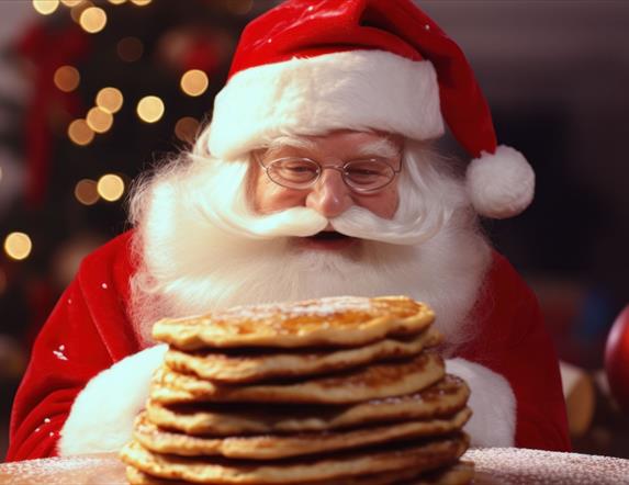 Image is of Santa Claus eating some pancakes