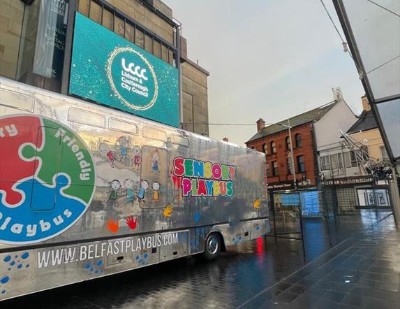 Image is of the Sensory bus parked in Lisburn City Centre