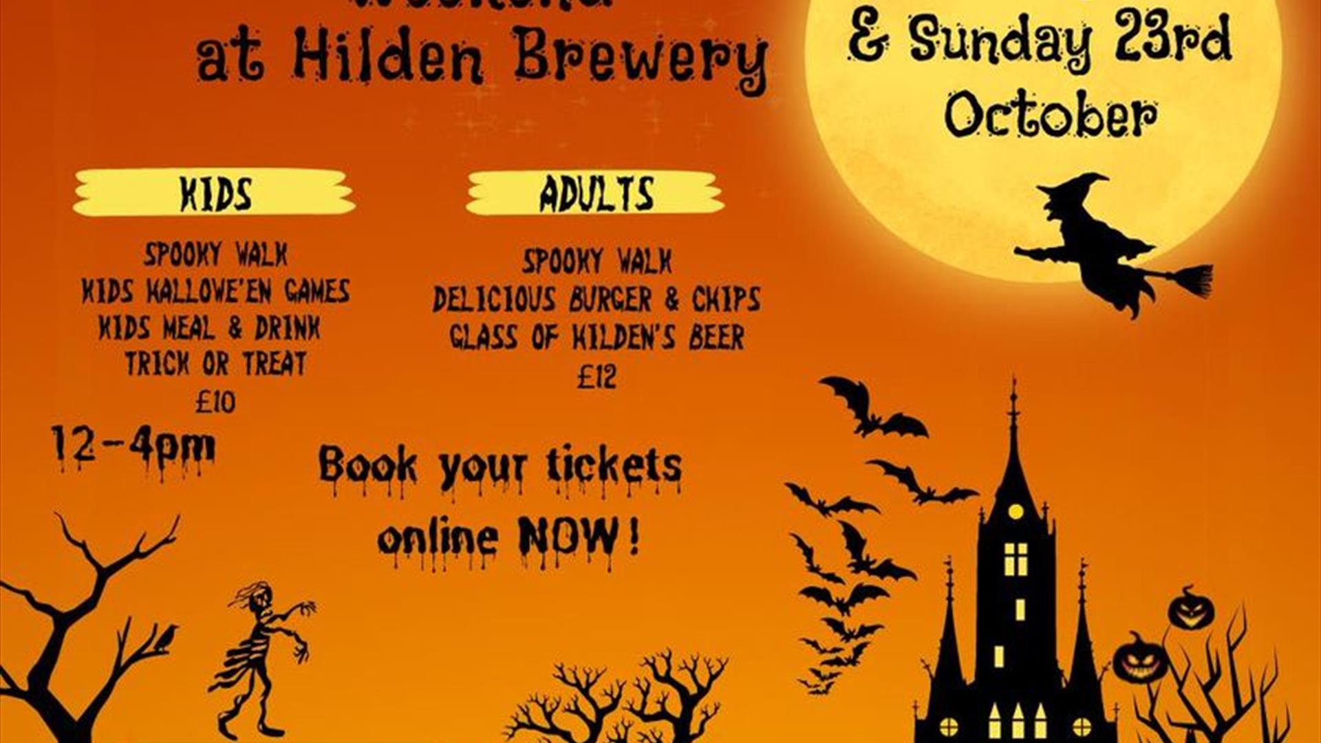 Image is of witches, haunted house and advertising the Halloween weekend at Hilden Brewery