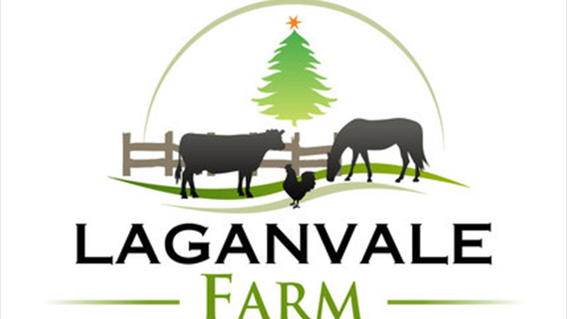 Image is of logo for Laganvale Farm depicting animals and a Christmas Tree