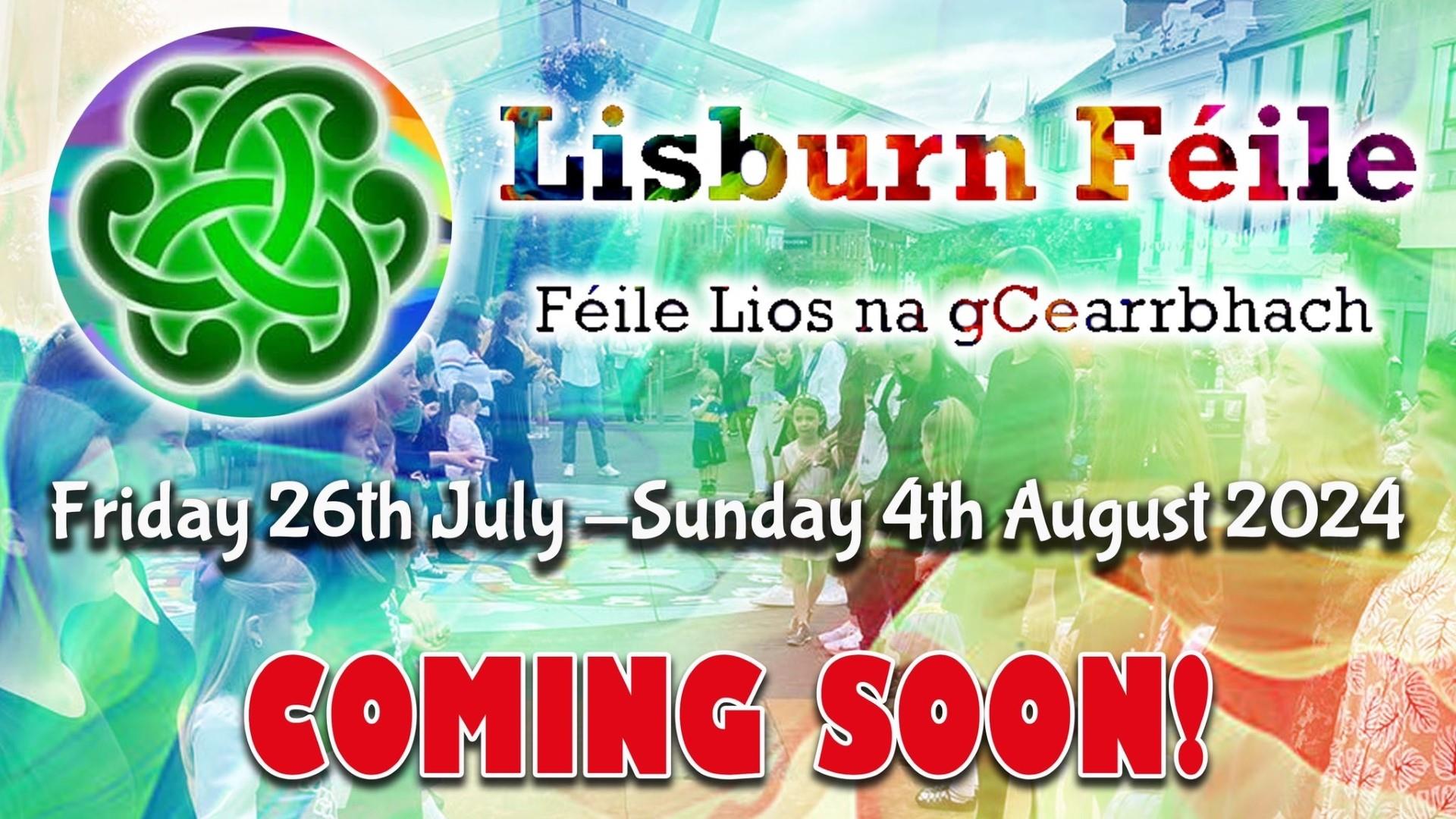 Image shows colourful poster with celtic circle design advertising Lisburn Feile