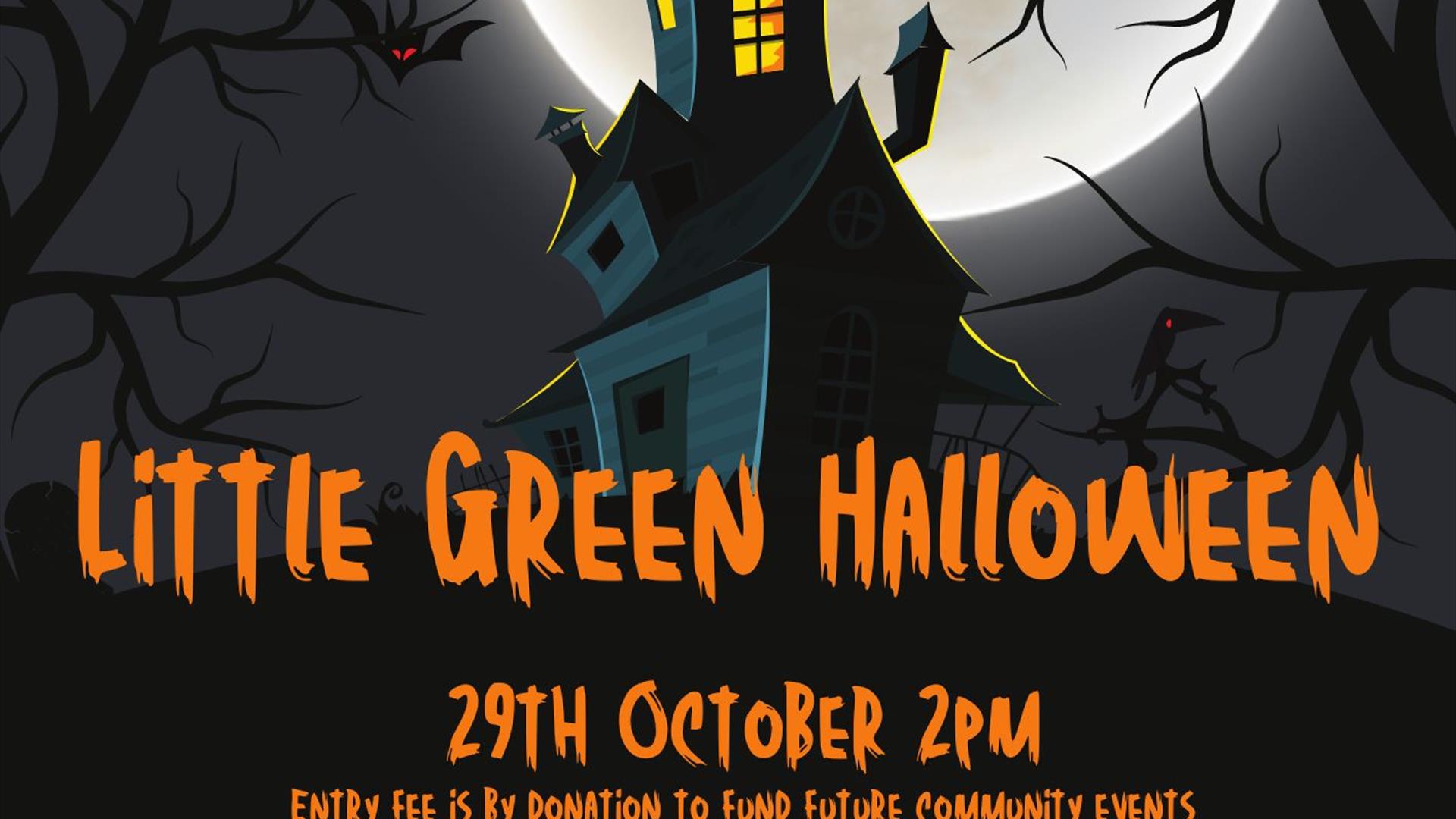 Image is of a night sky with a full moon and a haunted house and advertising Little Green Halloween event in Lisburn