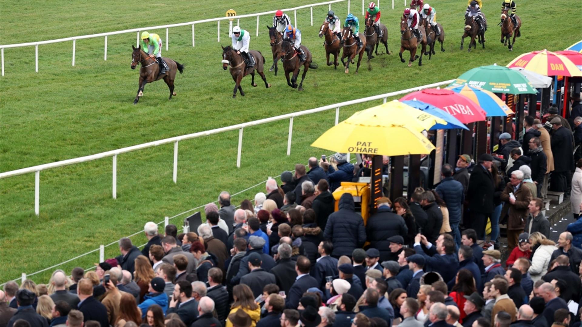 Horses racing with spectators in the background