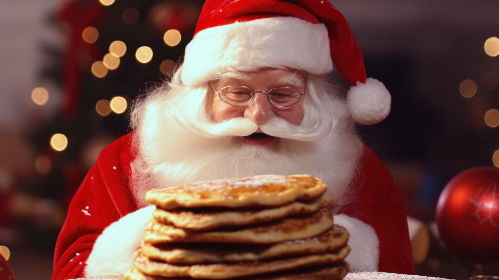 Image is of Santa Claus eating some pancakes