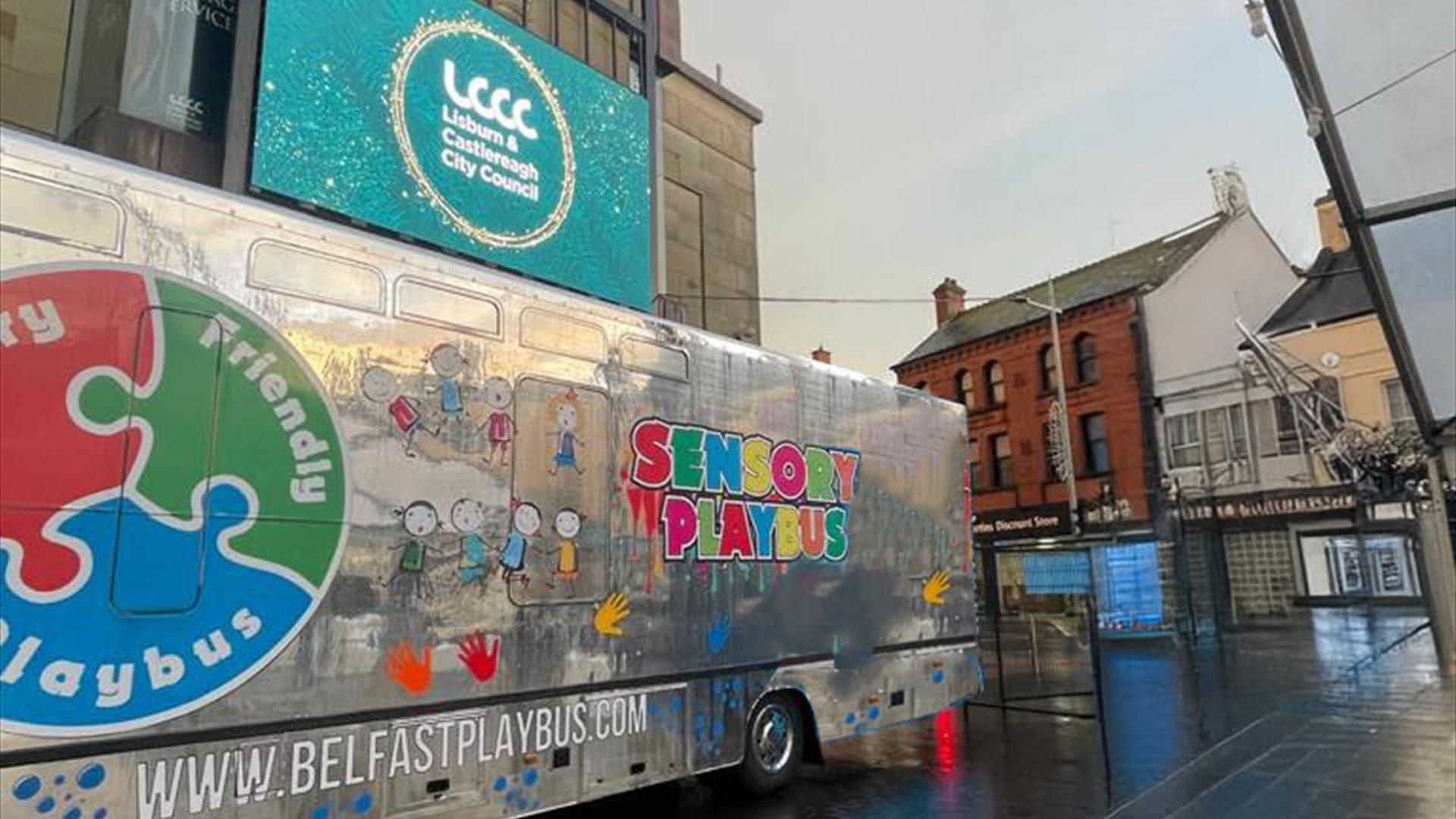 Image is of the Sensory bus parked in Lisburn City Centre