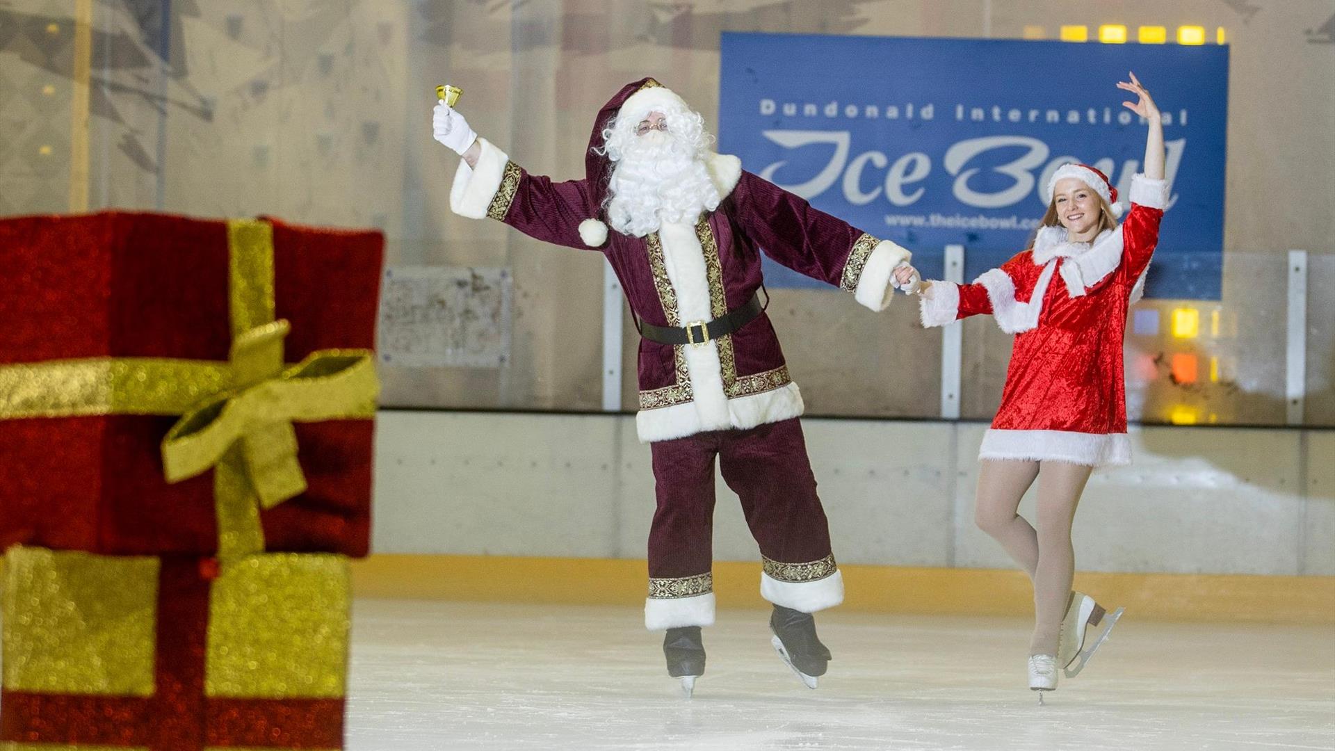 Image is of Santa Claus on the ice at Dundonald Ice Bowl