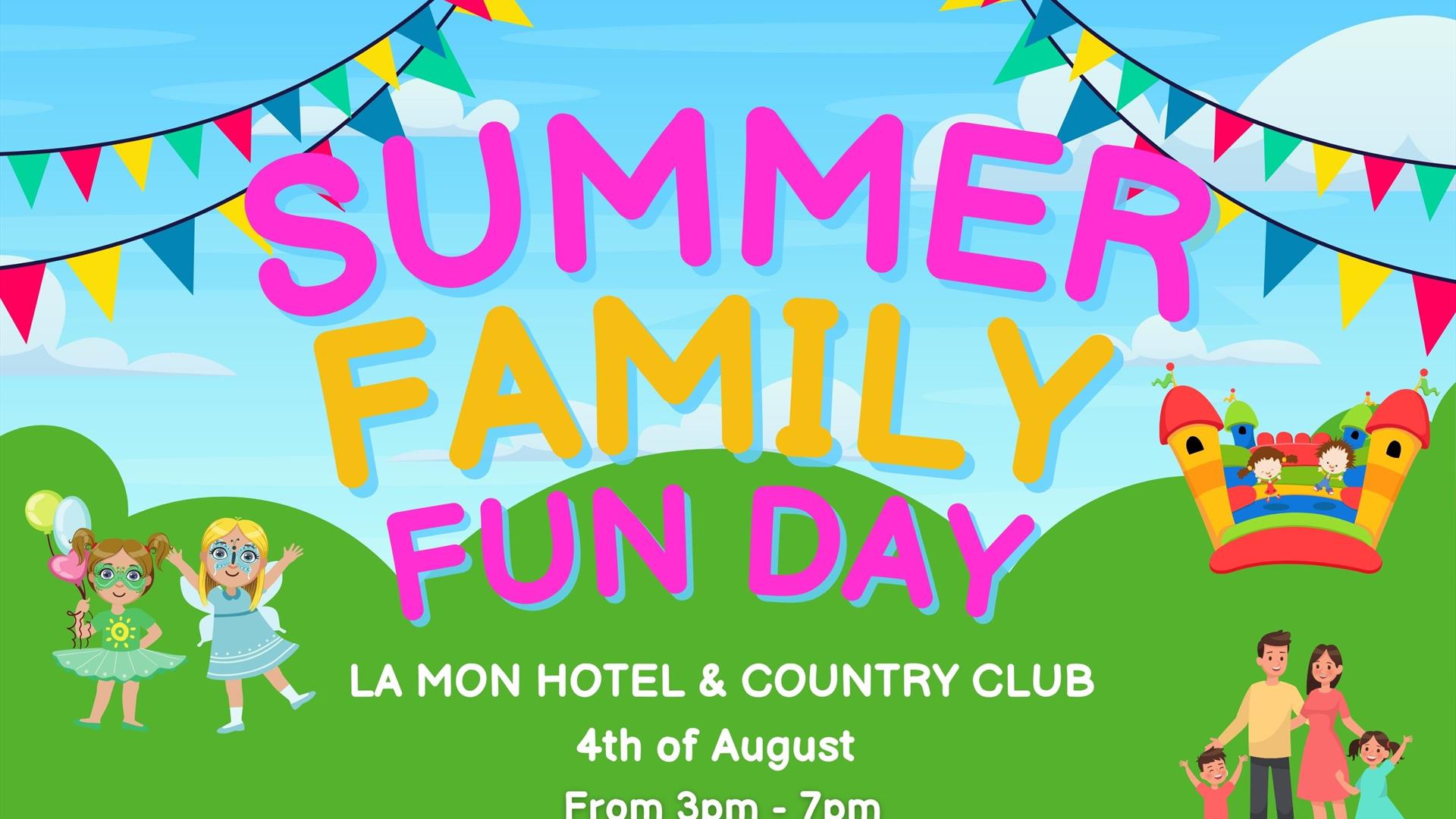 Image is of the Summer Family Fun Day at La Mon Hotel showing rainbow flags, a bouncy castle and cartoon people