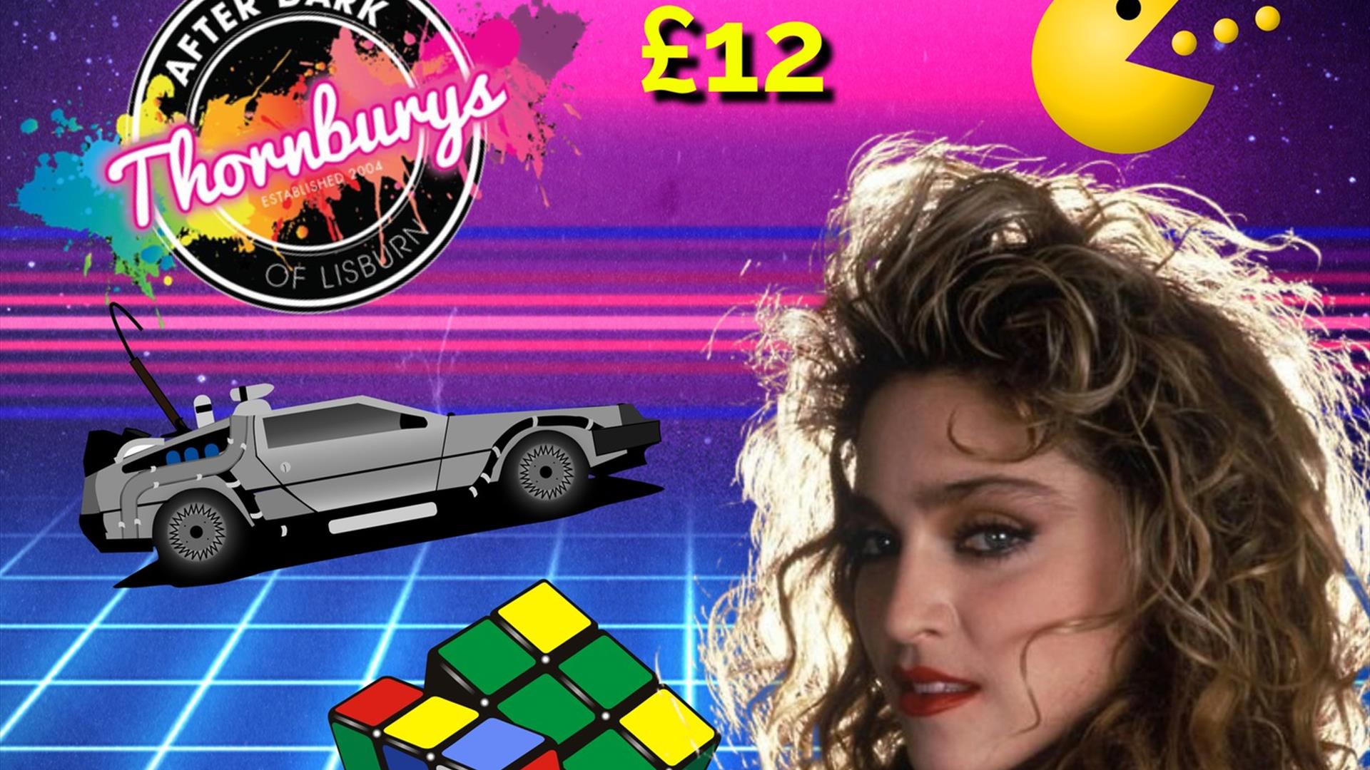 Image features pop star Madonna and other 80's images such as De Lorean car and the Rubiks Cube