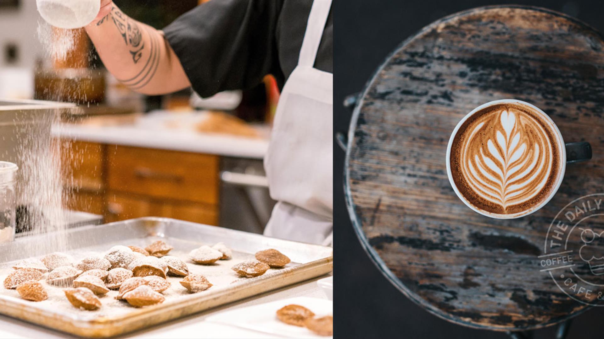 Image on left shows pastry being made in Daily Apron and being sprinkled with icing sugar. Right hand image shows Daily Apron Logo & stamp.