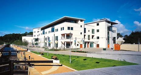 Image shows front of the Civic Centre which houses the Island Arts Centre