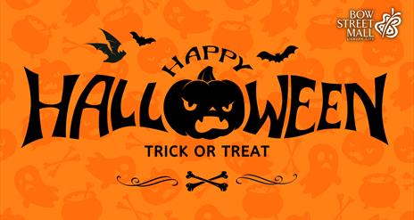 Image is orange and black and says Happy Halloween Trick or Treat