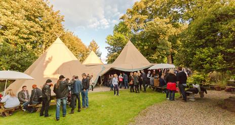 People outside tents on a sunny day at Hilden Beer & Music Festival