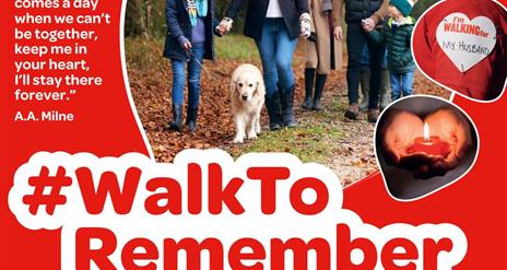 Poster of image of people walking with a dog with the hashtag #walktoremember Friday 29th September 2023 6pm to 8pm Hillsborough Forest