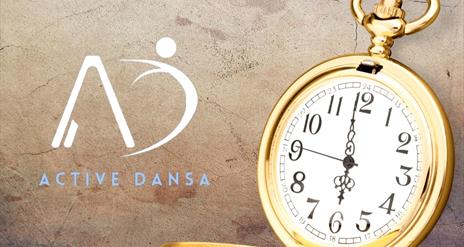 Image of a gold pocket watch and with the words Active Dansa