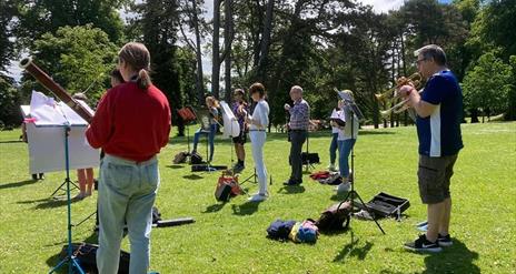 People in the orchestra playing in a park