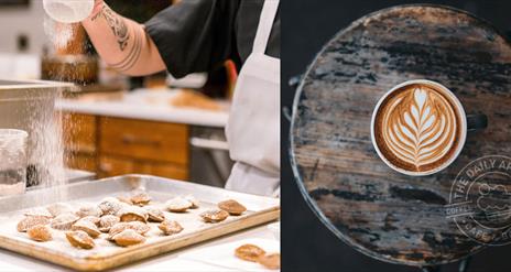 Image on left shows pastry being made in Daily Apron and being sprinkled with icing sugar. Right hand image shows Daily Apron Logo & stamp.