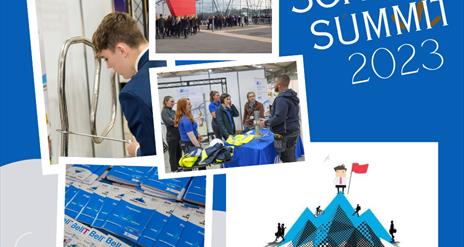 School Summit 23 promotional collage with logo and picture of school children outside Eikon Centre