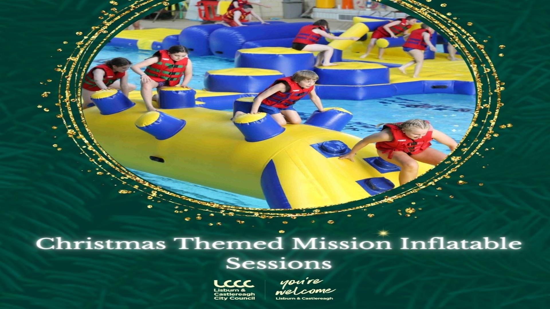 Children Jumping over giant inflatables in the pool Children Jumping over giant inflatables in the pool