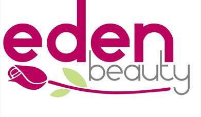 Image is the logo for Eden Beauty Lisburn with word Eden written in deep pink and beauty in light grey with a deep pink rose with green leaves illustr