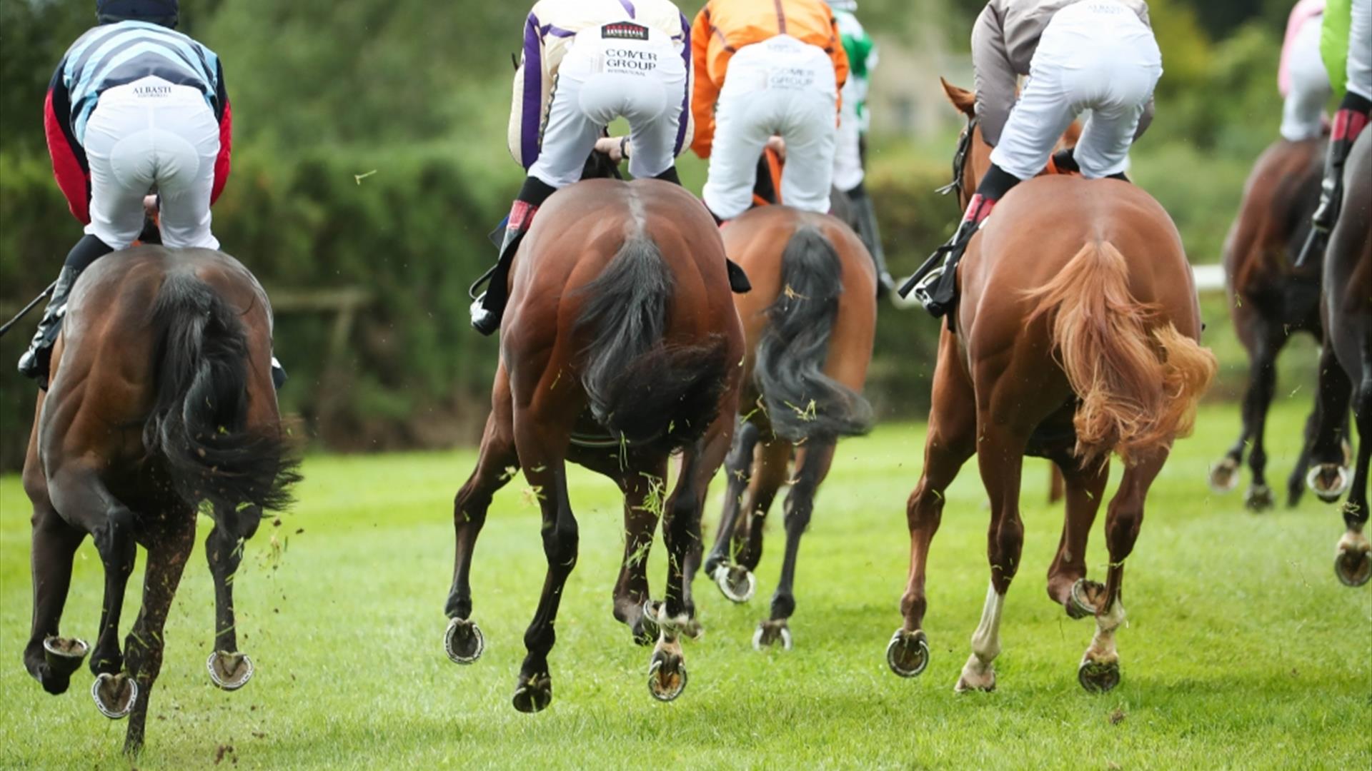 Horses with jockeys running around the race track