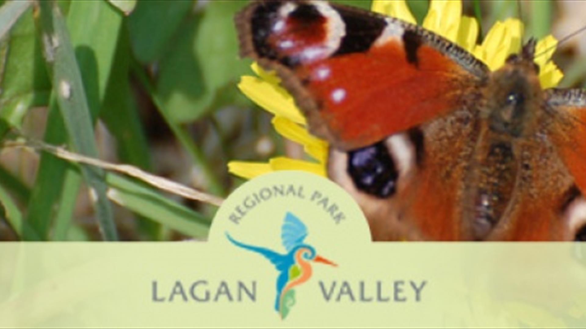 Logo for Lagan Valley Regional Park with butterfly and vegetation behind it